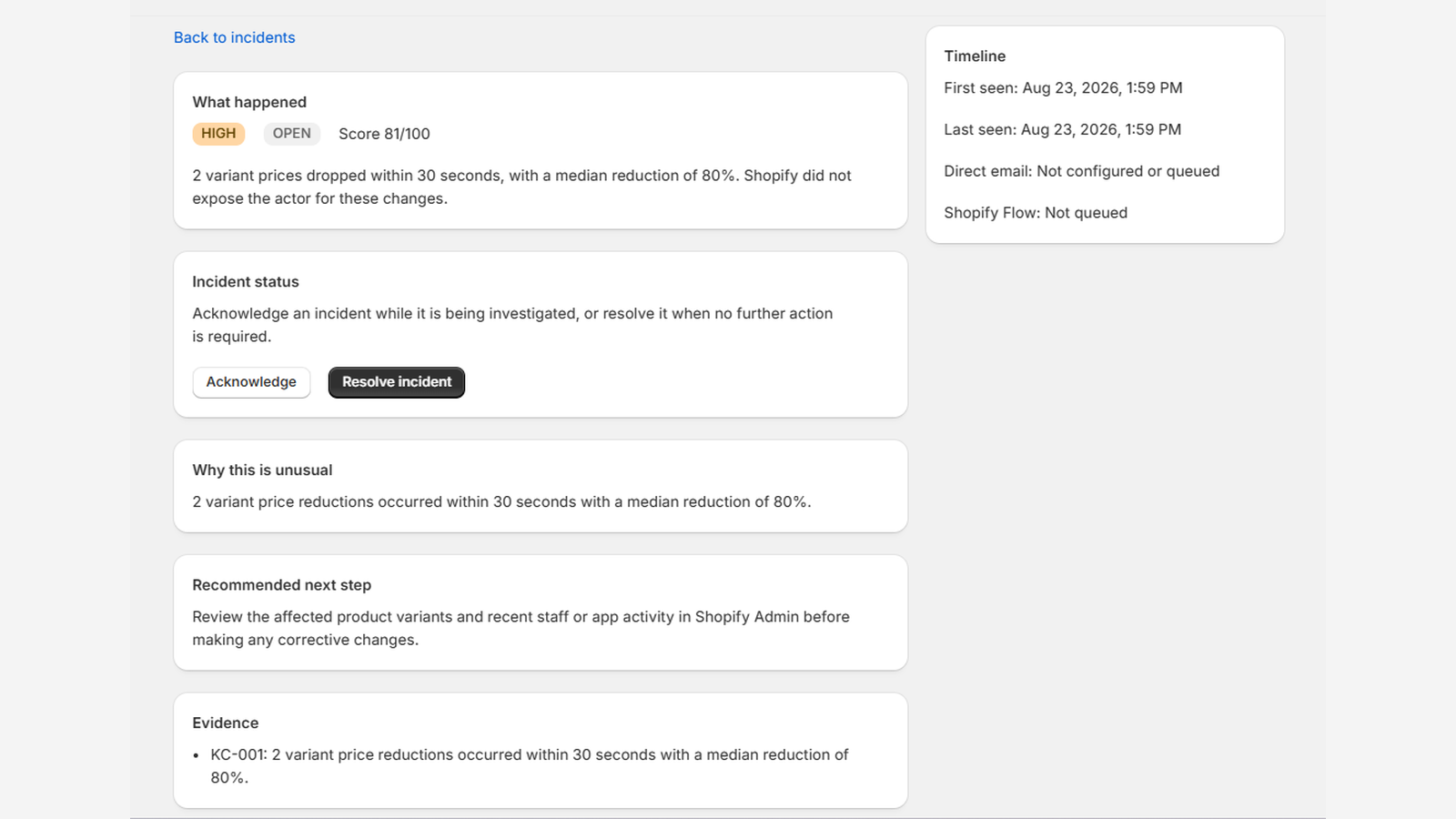 Example KittenCuddles incident showing two variant price reductions